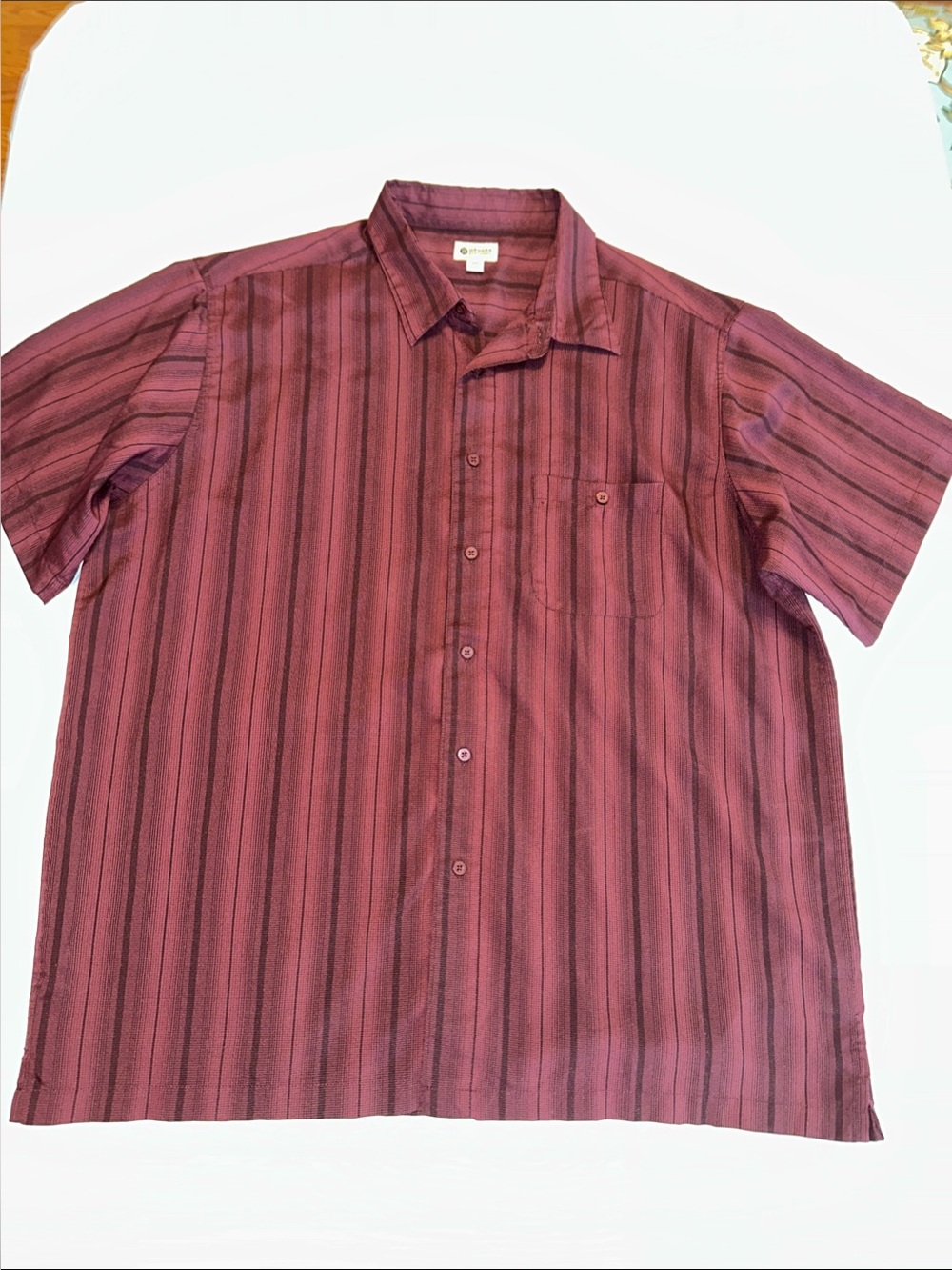 Haggar Men's Short-Sleeve Button-Down Camp Style Shirt in Burgundy Stripe